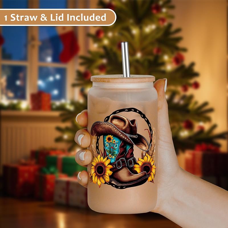 Cowgirl Glass Cup - 16 oz Western Boots & Hat Design with Gift-Ready Packaging