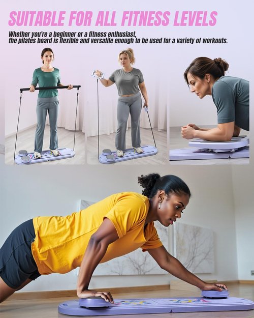 FUNWICT Pilates Board Pilates Reformer Set, Pilates Board for Home Workout Foldable Pilates Reformer Board for Women, 6 in 1 Multifunctional Pilates Equipment (Purple)