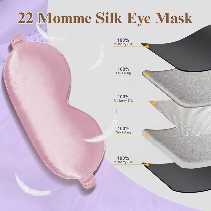22 Momme Silk Sleep Mask 2-Pack, 3D Contoured Eye Masks for Women & Men - Black & Pink