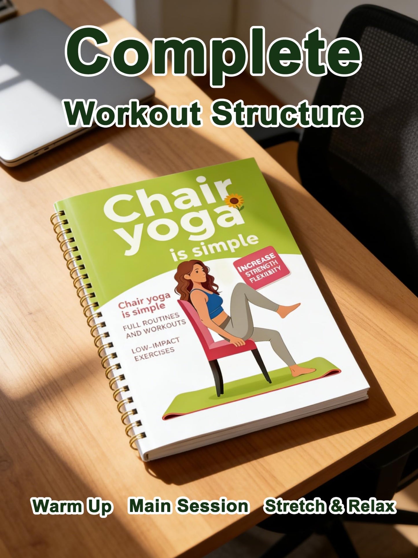 30-Day Chair Yoga Guide Book for Beginners, 60 Pages Workouts for Weight Loss & Flexibility, Spiral Bound Senior Exercise Fitness Planners (5.5x8.3 Inch, Green)