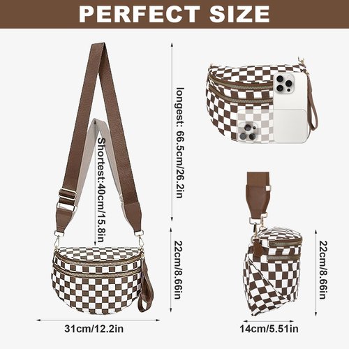 ETOYA Checkered Crossbody Bum Bag for Women Nylon Gold Blush Bumbag Large Belt Bag for Mom Emmafy Handbags Wallets with Adjustable Strap Roomy Casual Fanny Pack for Travel Outdoors