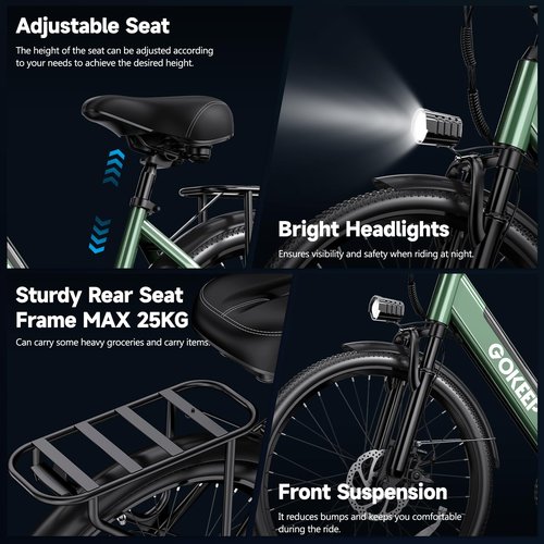 GOKEEP Electric Bike for Adults,1000W Peak Power,Up to 75 Miles 28MPH,26" Electric Mountain Bike with 499Wh Removable Battery,7-Speed,Adjustable Stem and Front Fork Suspension (Green)