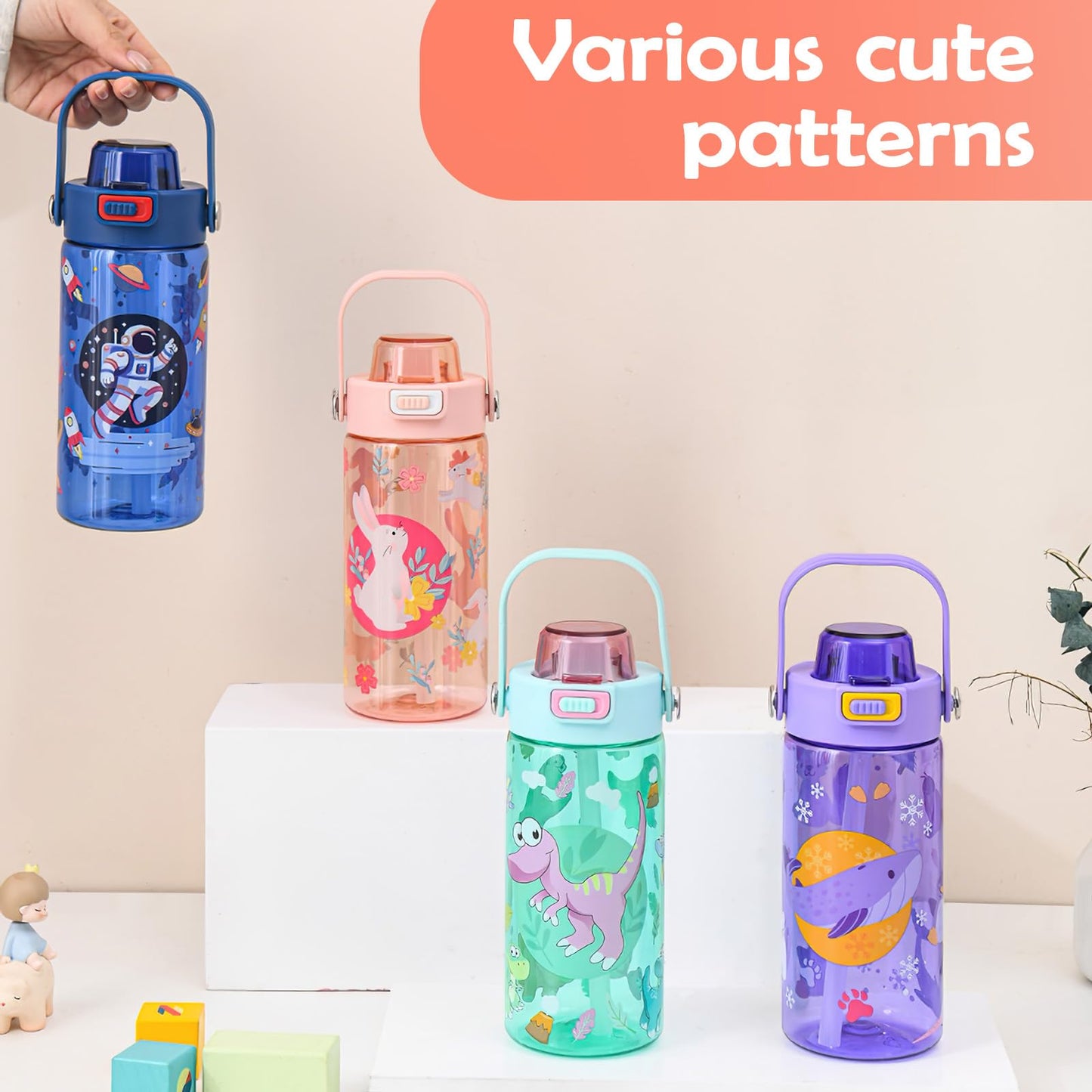 alldomess 20oz Kids Water Bottle For School or Travel, Leak-Proof & Dishwasher, Durable Plastic Sport Water Bottle With Straw and Handle, Rabbit