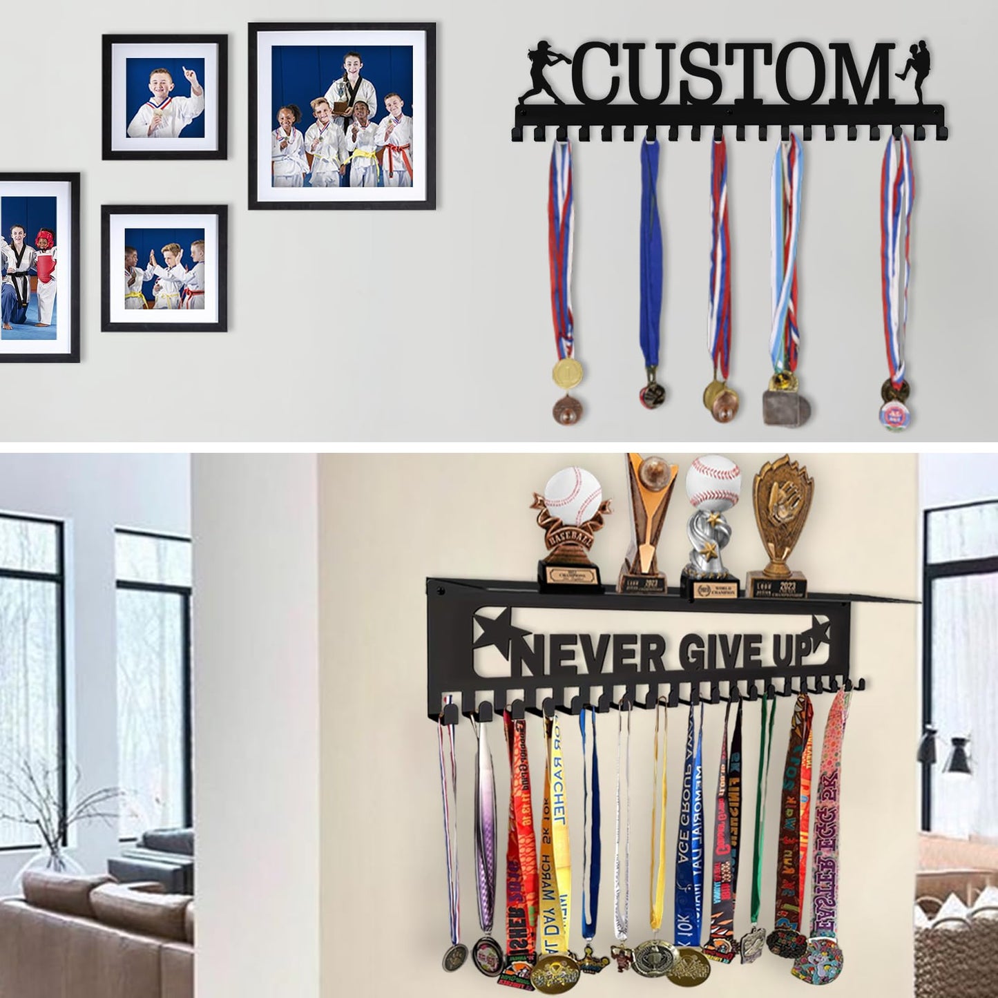 Xiuyours Personalized Medal Holder with Name Hooks Custom Hanger Display for Awards Ribbons Wall Gymnastics Runners Boys Girls Kids Customized Gift Sports Display Metal Medal Rack