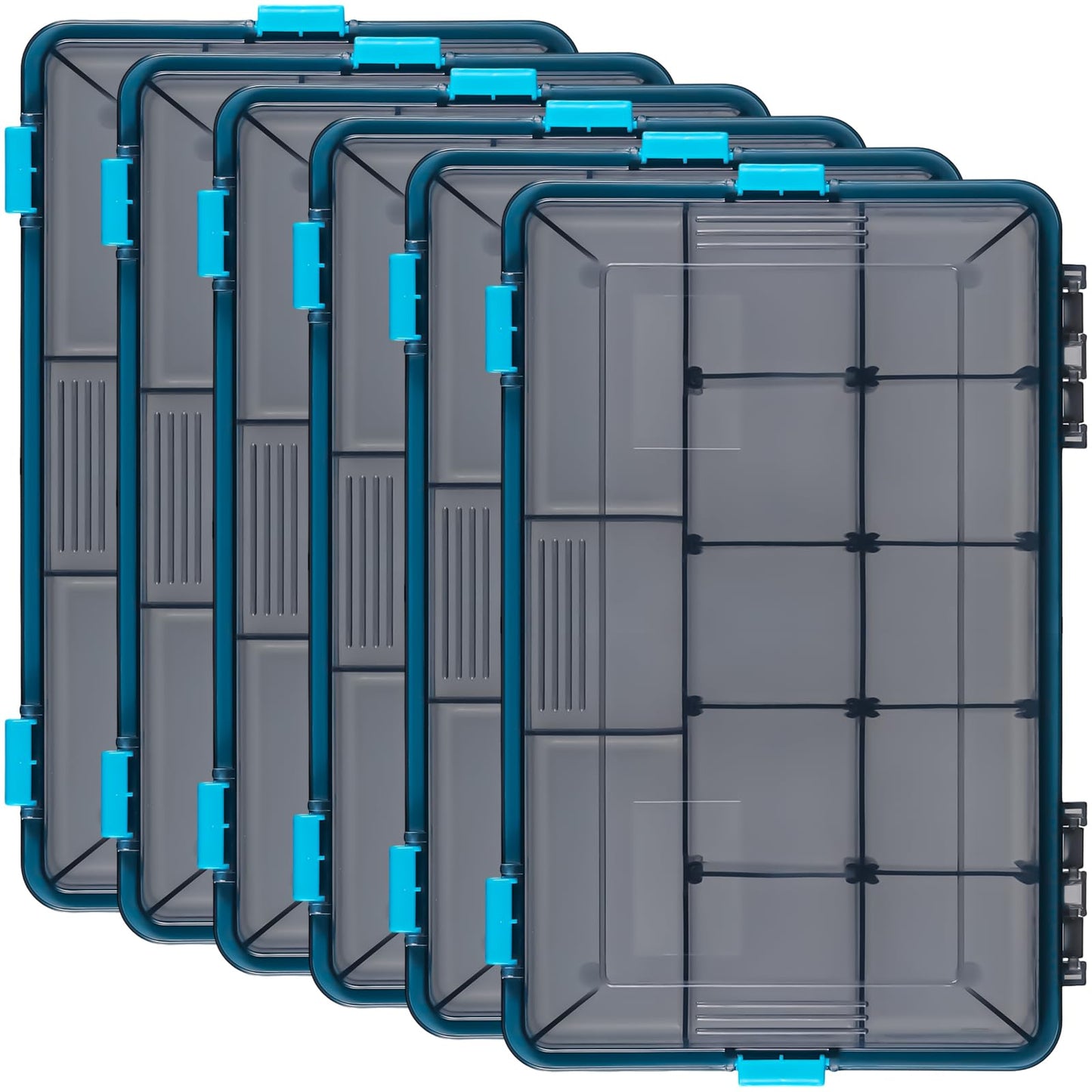 Wonderjune 6 Pack Fishing Tackle Boxes Waterproof 3600 and 3700 Tackle Trays with Removable Dividers Plastic Storage Organizer Bait Vault Camouflage Box for Freshwater Saltwater (Blue,3600)