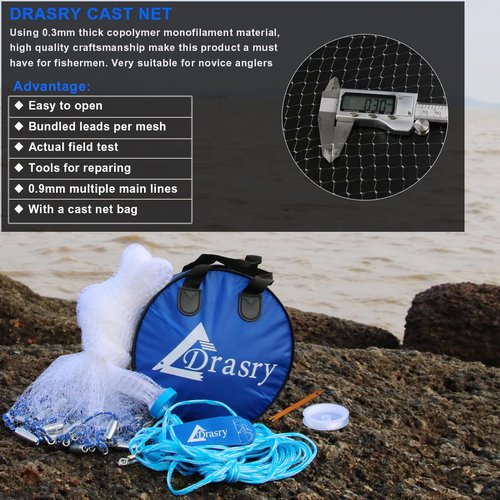 Drasry Saltwater American Fishing Cast Net 3/8inch Mesh Size for Bait Shrimp Trap Fish Heavy Duty Sinkers Throw Net 3FT to 12FT Radius 4FT Radius