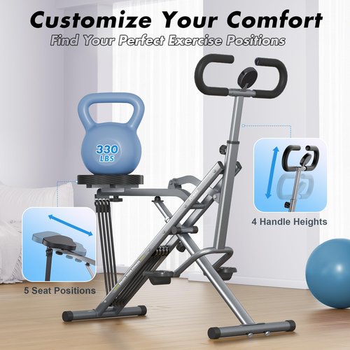 FLYBIRD Gray Squat Machine, Ride Rowing Machine for Glute Core Legs Cardio Exercise, 4 Adjustable Resistance Levels, Foldable & Easy Setup, Full Body Workout Home Gym, 350 LBS Capacity