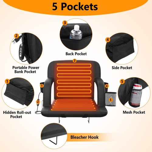 Suteck Dual-Side Heated Stadium Seat with Back Support, 21" Wide Cushion, Foldable Bleacher Chair W/USB 3-Level Heating, 5 Storage Pockets – Portable Stadium Chair for Outdoor Bleachers Camping Games