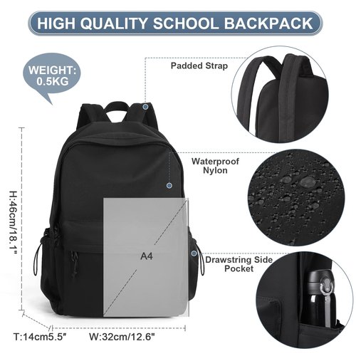 PAUBACK Black School Backpack for Girls Women Waterproof High School Book Bag Cute Backpack for Men Teens Boys, Lightweight Simple Middle School Back Pack Daypack