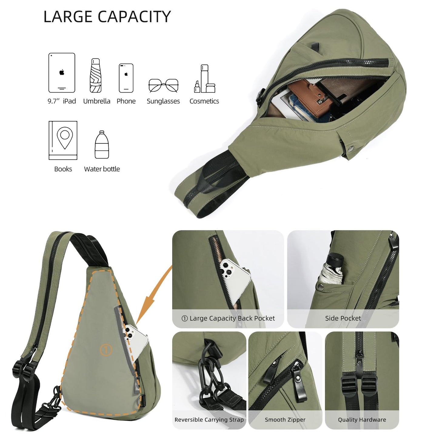 KL928 Crossbody Sling Backpack Nylon Cross Body Bag Travel Hiking Shoulder Bags Daypack Rucksack Unisex (Olive Green)