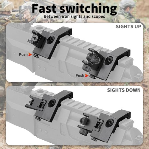Ultralight 45 Degree Offset Flip Up Iron Sights, Rapid Transition Picatinny Rifle Sight, Front & Rear Backup Sights for Tactical Shooting