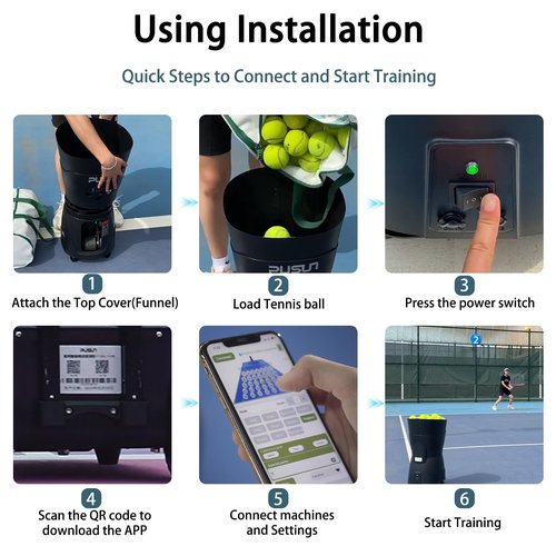 PUSUN PT-MINI PRO-Tennis Ball Machines - APP Controlled, 65+ Ball Capacity, 8-60km/h Speed Adjustment, 3-5 Hours Battery Life, Lightweight Design, Ideal for Beginner Training (Black)