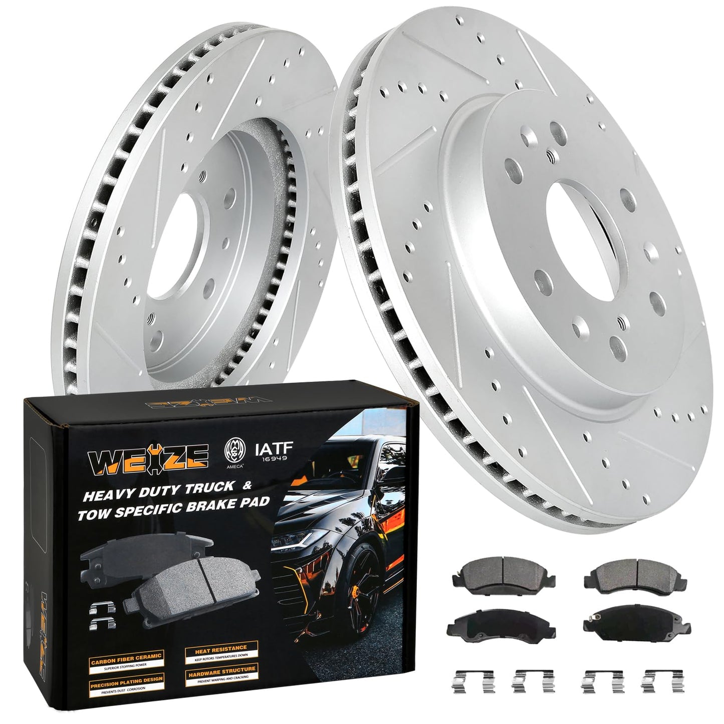 WEIZE Front Disc Brake Pads and Rotors Kit for Truck & Tow, with Carbon-Fiber Ceramic Brake Pads, Fit for Chevy Silverado Suburban 1500 GMC Yukon Sierra Cadillac Escalade ESV EXT XTS