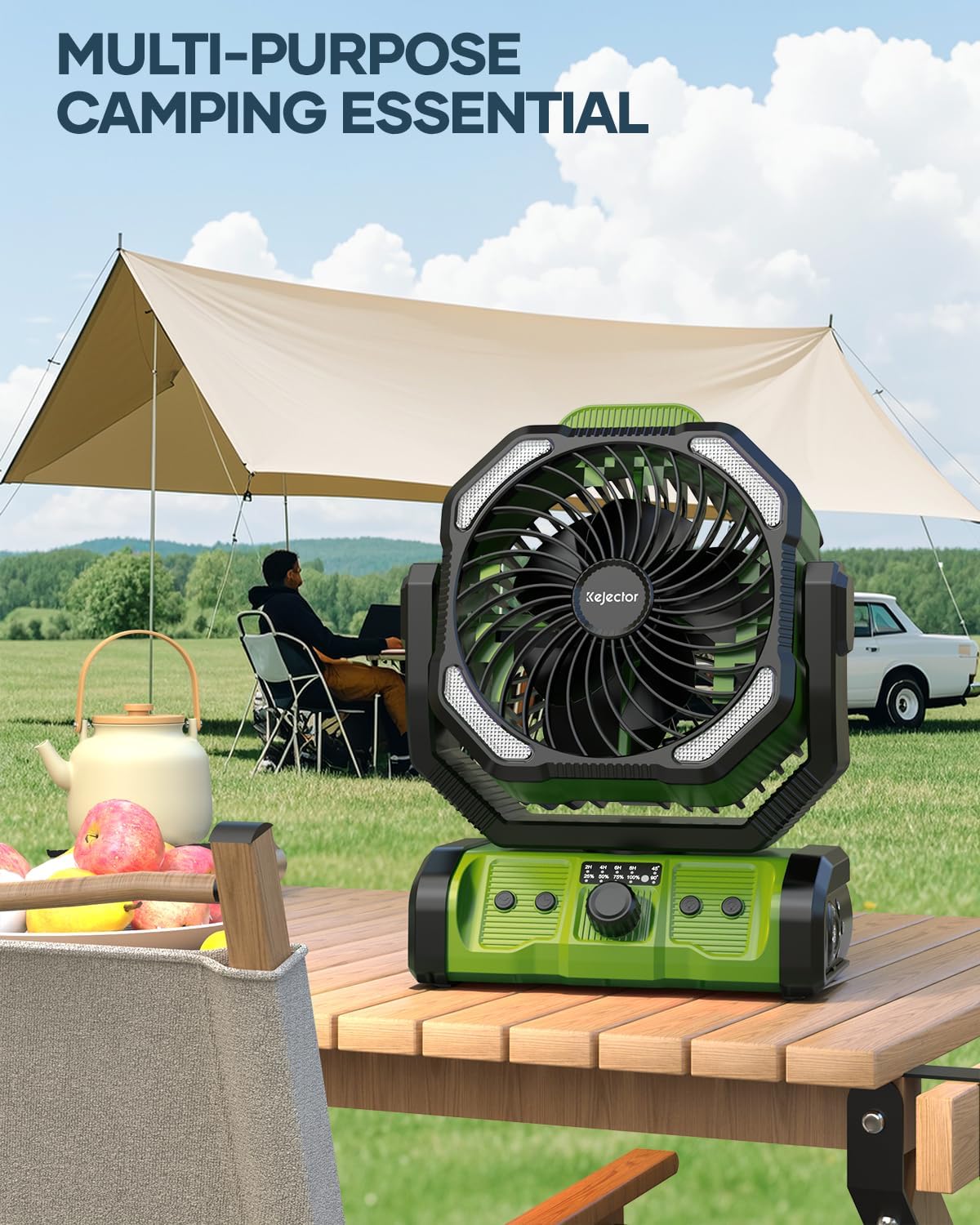 kejector Battery Powered Fan Rechargeable - 24000mAh 3-in-1 Portable Camping Fan with LED Lights, USB C, Auto Oscillating Operated Fan for Tents, Travel, BBQ, Fishing, Home, Office, Camper Essentials