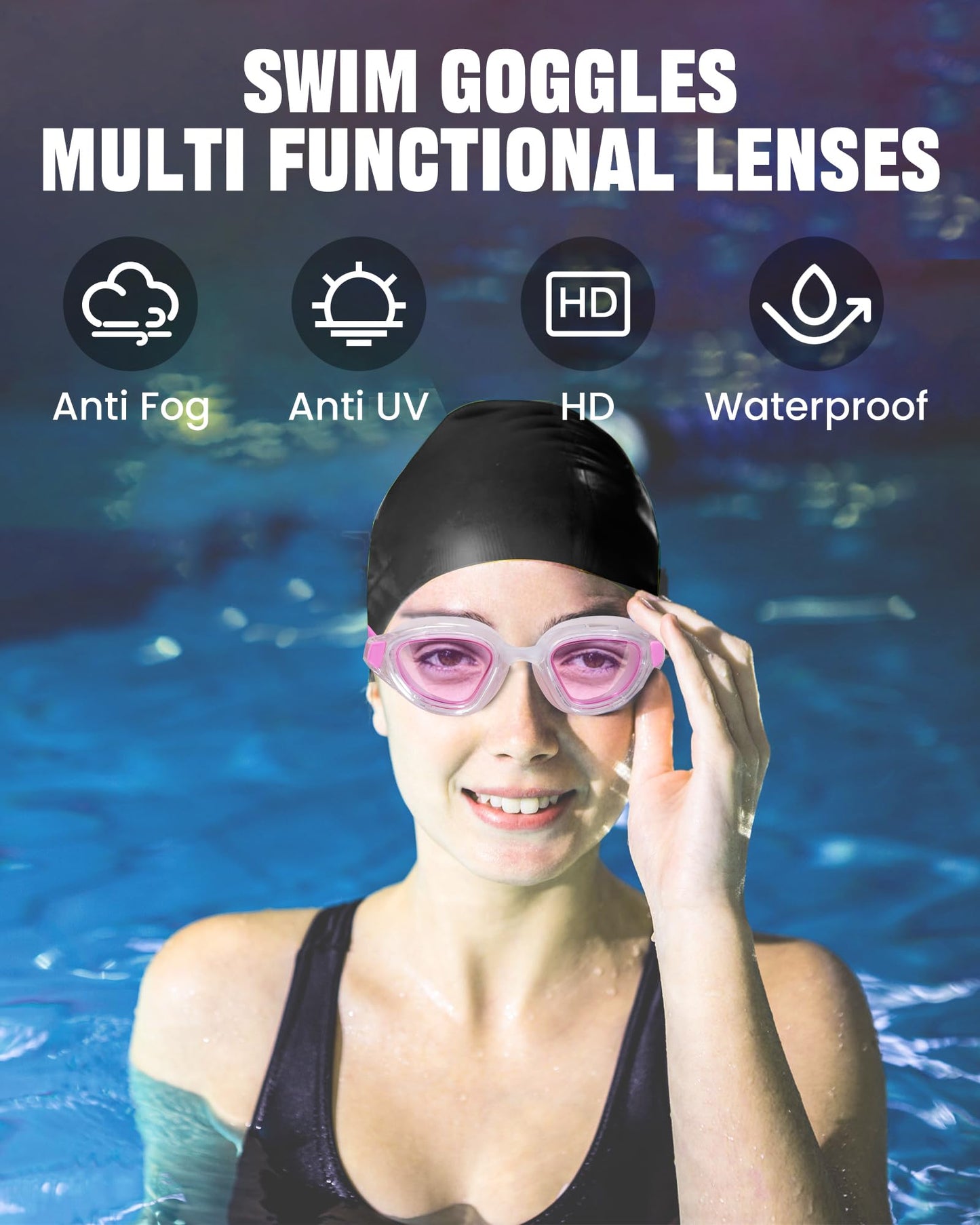 Keary Pink Swimming Goggles Adult Anti-Fog UV Protection Wide Field Vision Unisex Full Rim Plastic Frame Compact Round Swim Goggles with Case