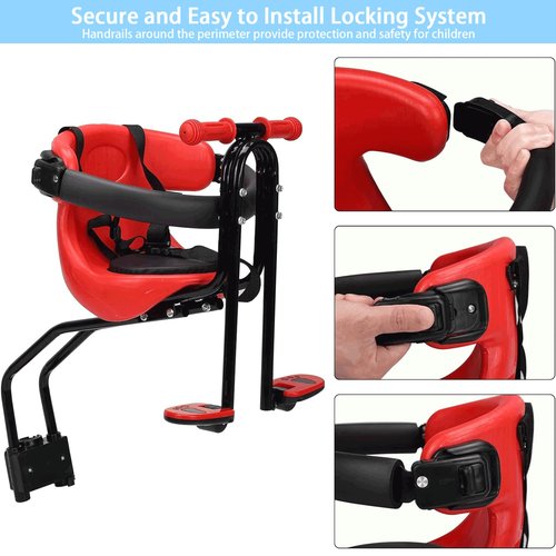 grofyllaa Kids Bike Seat, Baby Bicycle Seat Bearing 50kg Front Mounted Child Bike Seat with Handrail and Seatbelts for Children Aged 8 Months to 4 Years, Adjustable Kids Seat for Adult Bike, Red