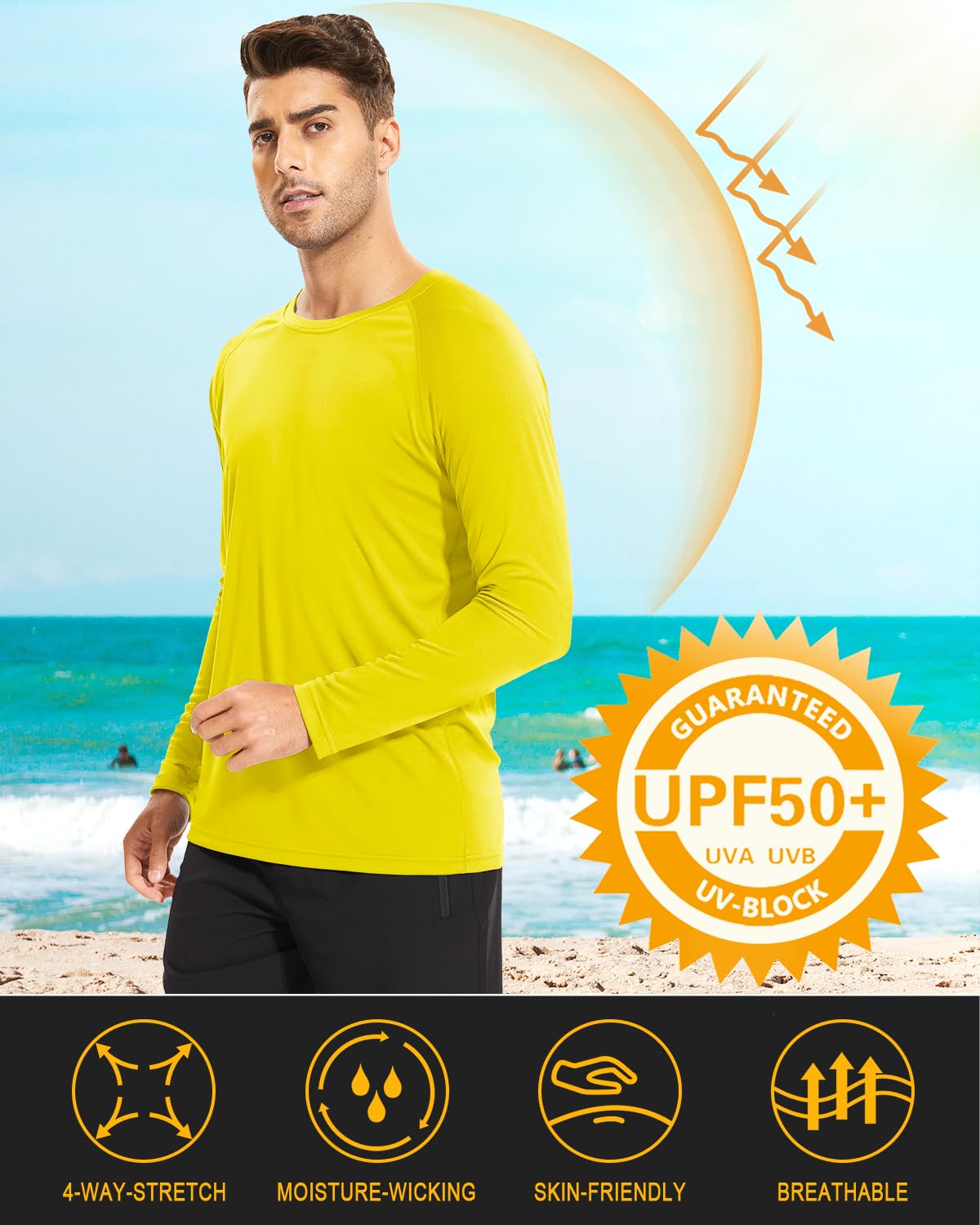 MAGCOMSEN Rashguard Shirts for Men Long Sleeve UV Sun Running Workout Fishing Hiking Swim UPF 50 Shirts Yellow