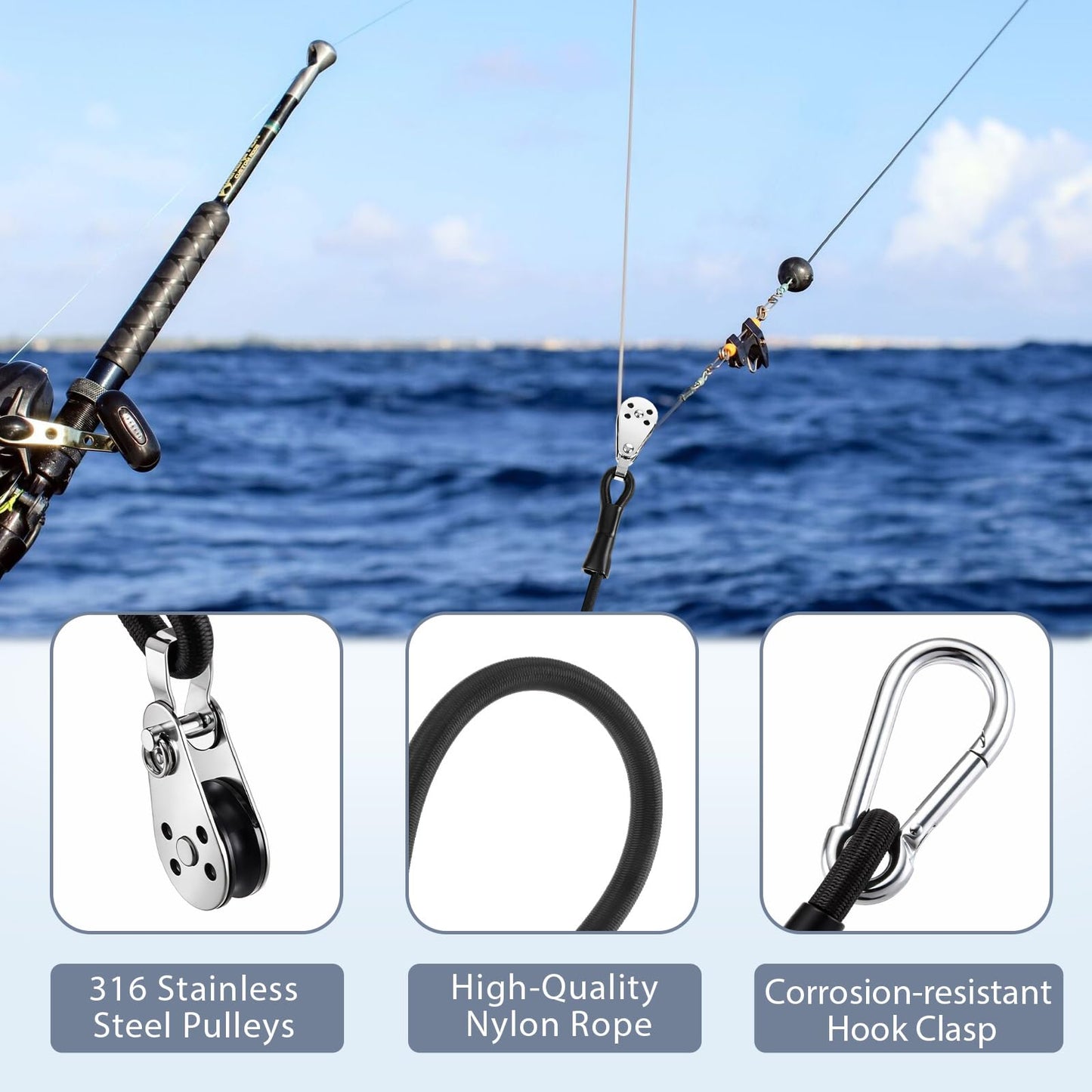 Yoojahow 2 Pcs Shock Cord with Stainless Steel Pulley 12", and Thick Nylon Rope, Outrigger Halyard Line Lock Pulley for Offshore Fishing, Ready to Install, Black
