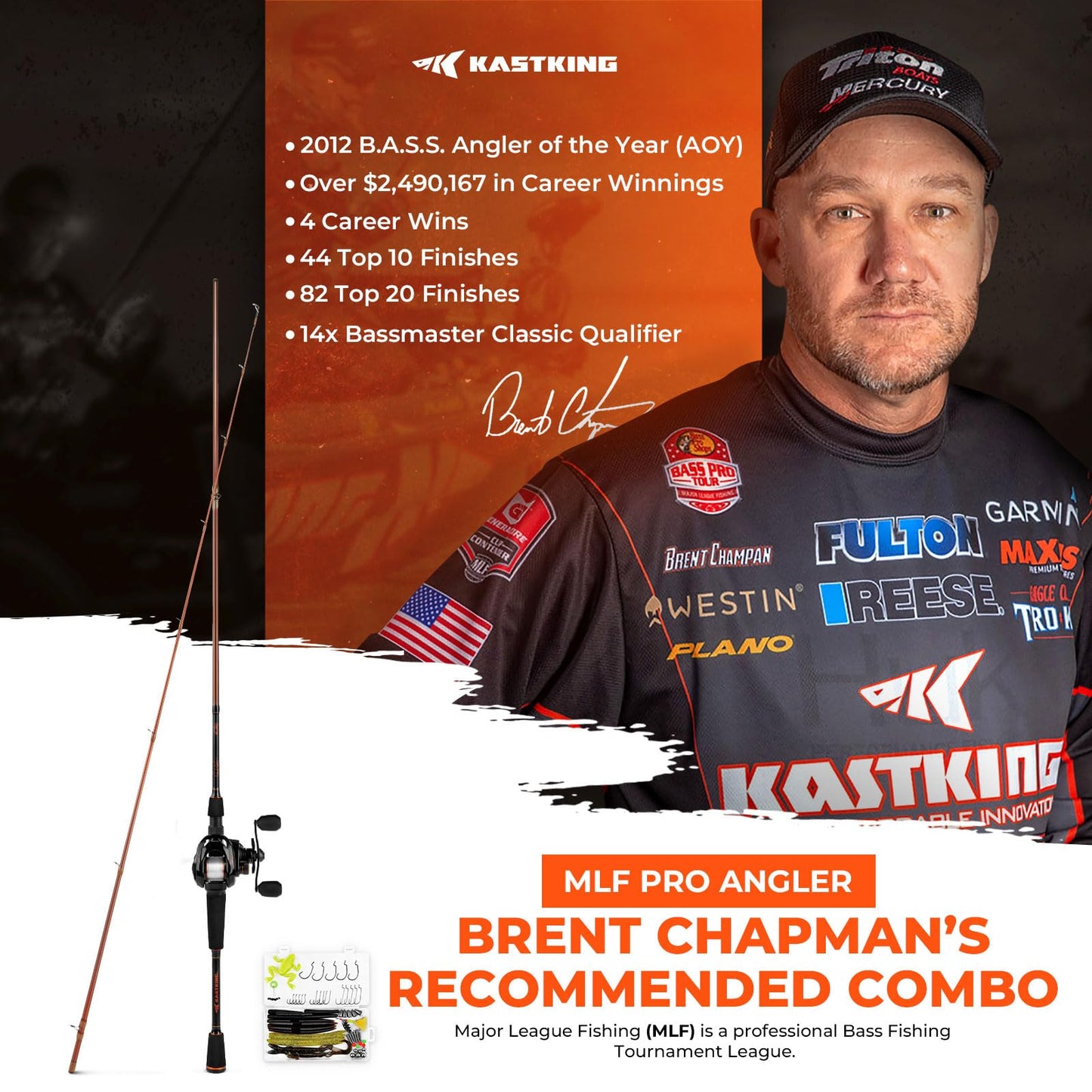 KastKing Brent Chapman Baitcasting Reel and Rod Combo, Tailored Tackle Kits, Pre-spooled Design, IM6 Graphite 2Pc Blanks, 5 + 1 Ball Bearings, Aluminum Oxide Ringed Stainless Steel Guides, EVA Handles