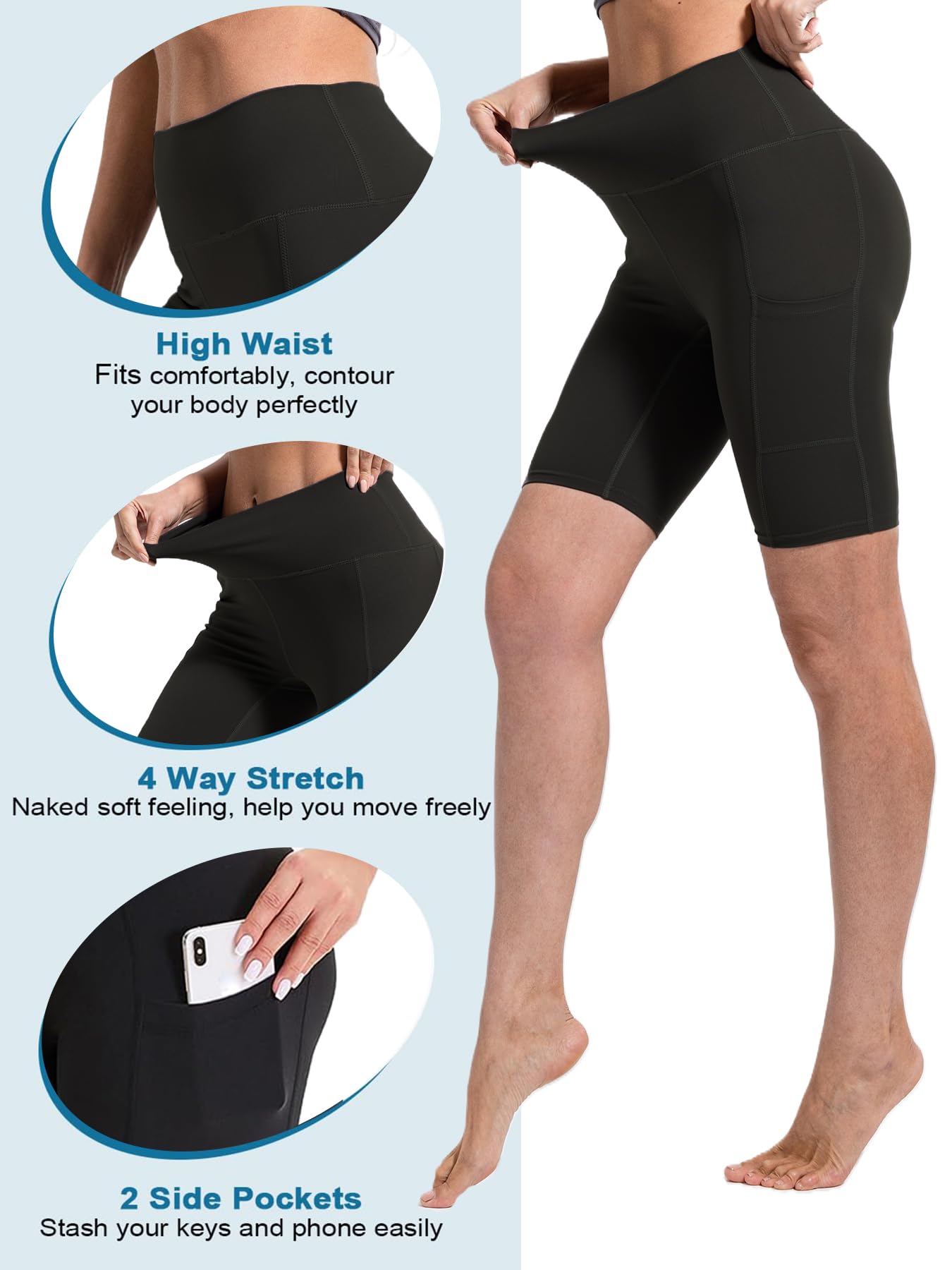 Sanke 4 Pack Tummy Control Biker Shorts for Women with Pockets 8" High Waisted Yoga Pants for Athletic Workout Running