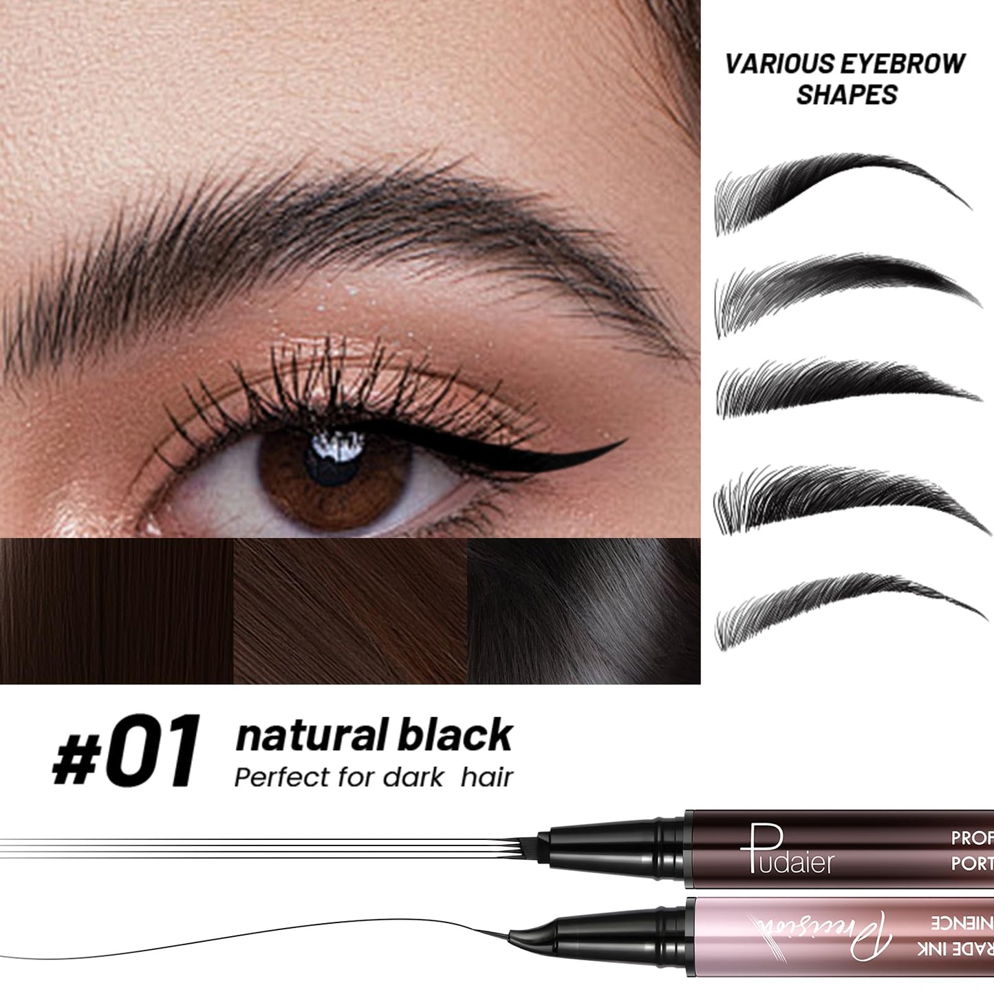Pudaier Eyebrow Pen, Waterproof Microblading Eyebrow Pencil, 2-in-1 Dual-Ended 4 Tip Eye Brow Makeup Pen for Women with Precise Curved Brush-Tip Create Natural Hair-Like Brows, Last All-Day