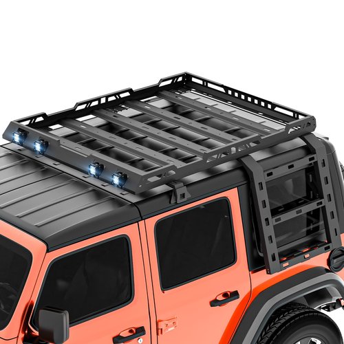 SUORTO Roof Rack Cargo Basket Compatible with 2018-2025 Jeep Wrangler JL JLU Unlimited 4 Doors Hardtop with Ladder & 4 LED Lights, Rooftop Rack Carrier Luggage Storage Holder
