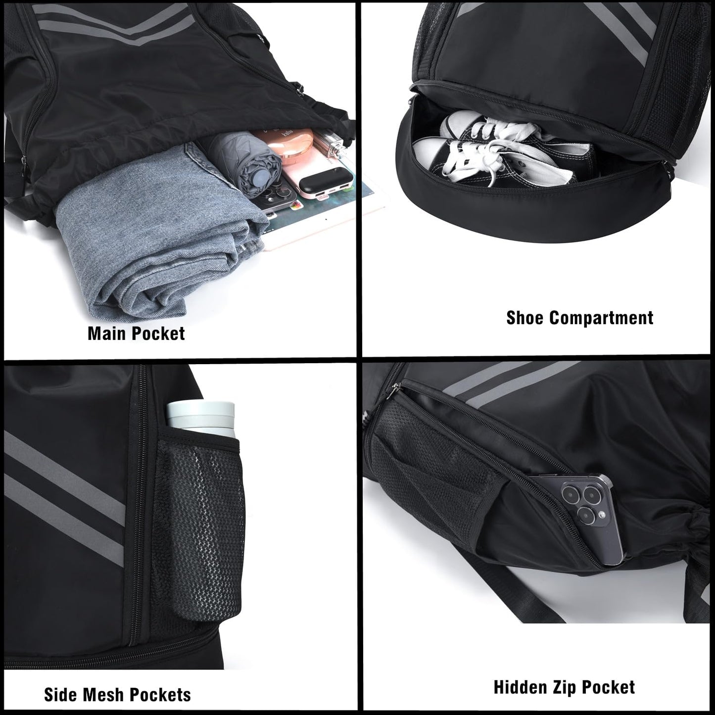 Gbateri Drawstring Backpack - Water Resistant Gym Drawstring Bags with Shoes Compartment and Water Bottle Holder Pockets - String Cinch Bag - Draw String Back Pack with Zipper for Men and Women (Grey)