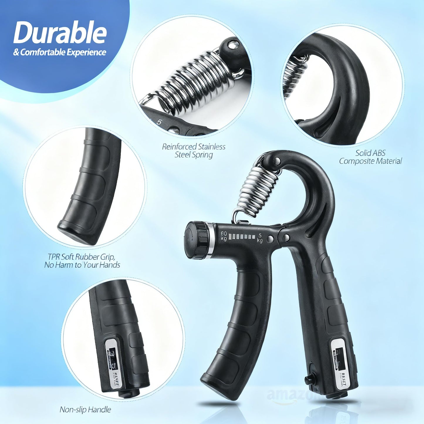 AgiliQ Grip Strength Trainer with Counter, Hand Grip Strengthener, Adjustable Resistance 11-132Lbs (5-60kg), Hand Grip Exerciser Strengthener Hand Exerciser for Muscle Building and Injury Recover (Black)
