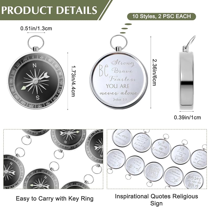 Compass Keychains Bulk Bible Scripture Gifts for Men & Women - 20 Pcs, Silver+20 Variation