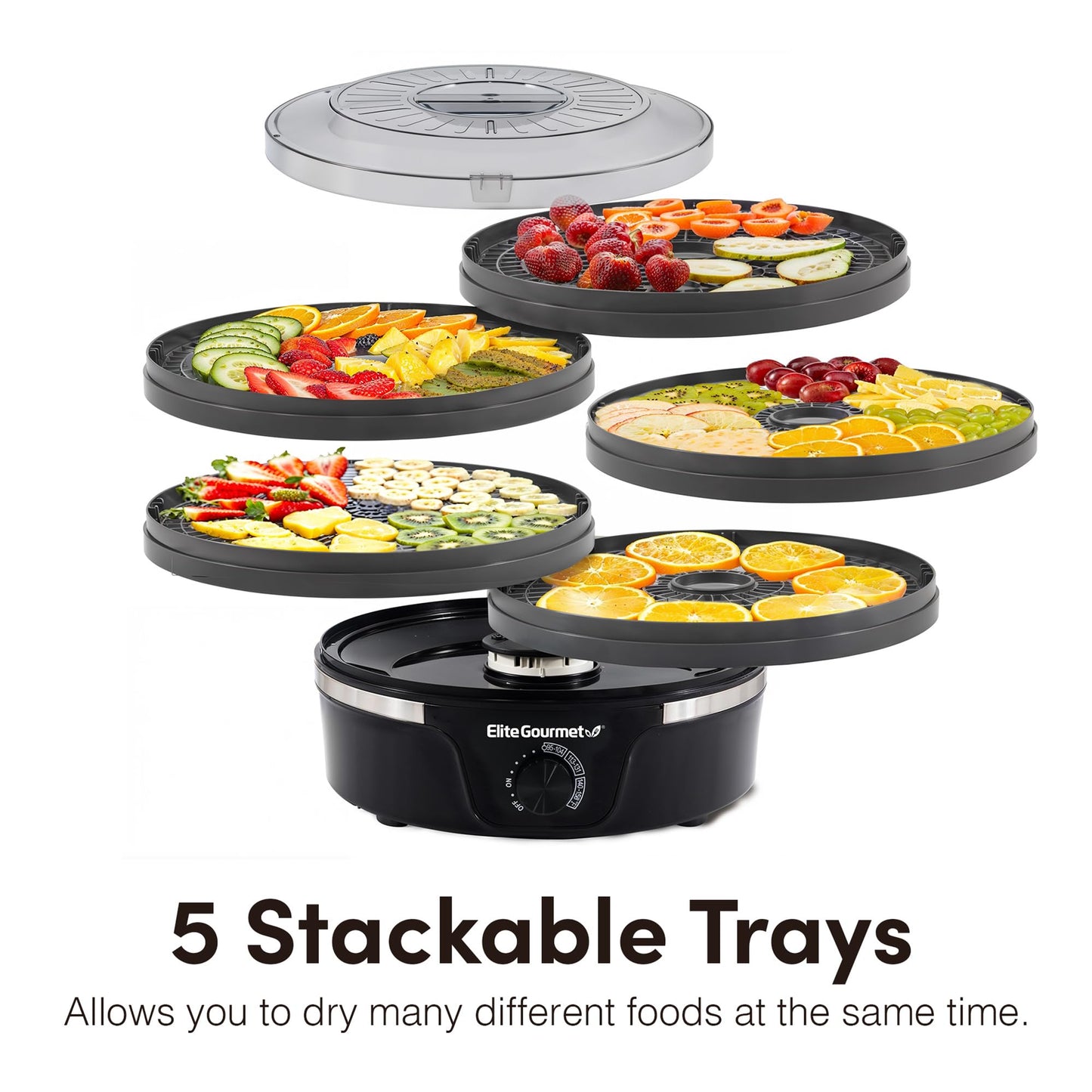 Elite Gourmet EFD319BNG Food Dehydrator, 5 BPA-Free 11.4" Trays, Black/Grey