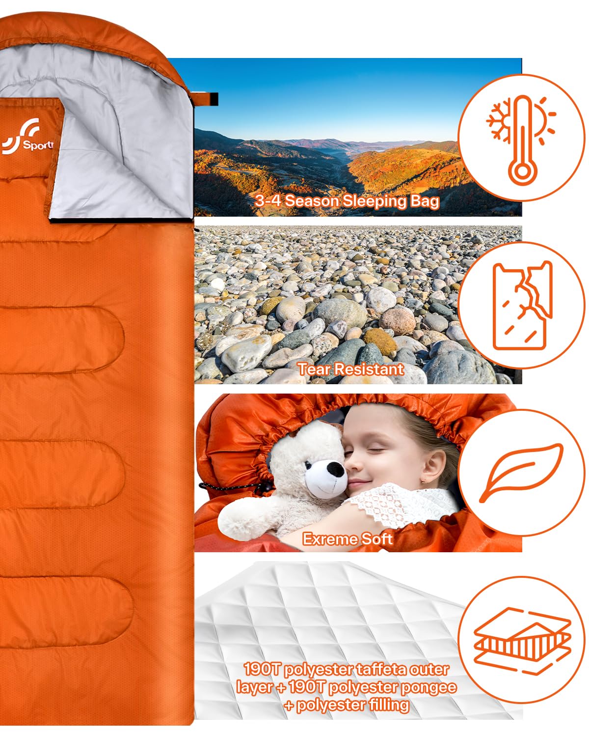 Sportneer Sleeping Bag for Adults, 3 Season Lightweight Camping Sleeping Bag, 50°F–68°F Rated Warm Weather for Backpacking Hiking, 87" x 33.5", 3.3 lbs, with Storage Bag