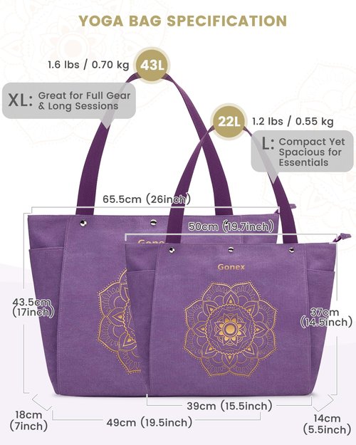 Gonex Yoga Mat Bag, Yoga Gym Bag Tote Bag with Multi Pockets For Women Men, Canvas Yoga Mat Carrier Take in Out Mat Easily For Pilates Travel Workout Office, Purple
