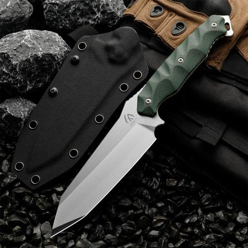 HUANG FU Tactical Fixed Blade Hunting Knife Set with Kydex Sheath, Brown and Green G10 Handles, Stainless Steel (Green handle)