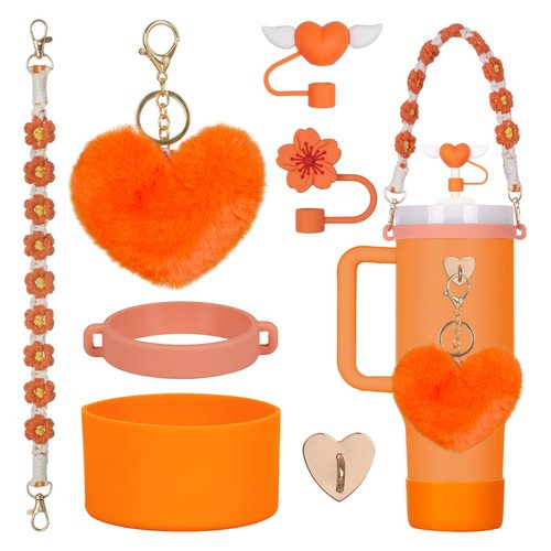 Rabrgab 7Pcs Orange Stanley Cup Accessories Set with Handle Strap, Love Heart/Flower Straw Topper Straw Cover Cap, Silicone Boot, Love Heart Charms for Water Bottle Tumbler 20oz 30oz 40oz
