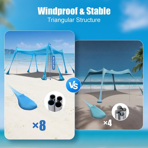 Beach Tent Sun Shelter, Beach Shade Canopy UPF50+, 10x10ft Canopy Tent with 8 Sandbags, Sand Shovels, Ground Pegs & Stability Poles, Pop Up Shade Tents for Beach, Camping, Fishing