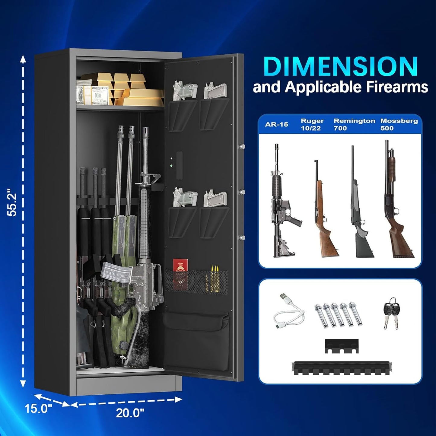 10-15 Gun Safe, Rifle Gun Safe with Removable Shelf, Locking Gun Cabinet for Rifles and Shotguns with Digital Kaypad, Shotgun Safe with Pistol Bags and Bullet Rack