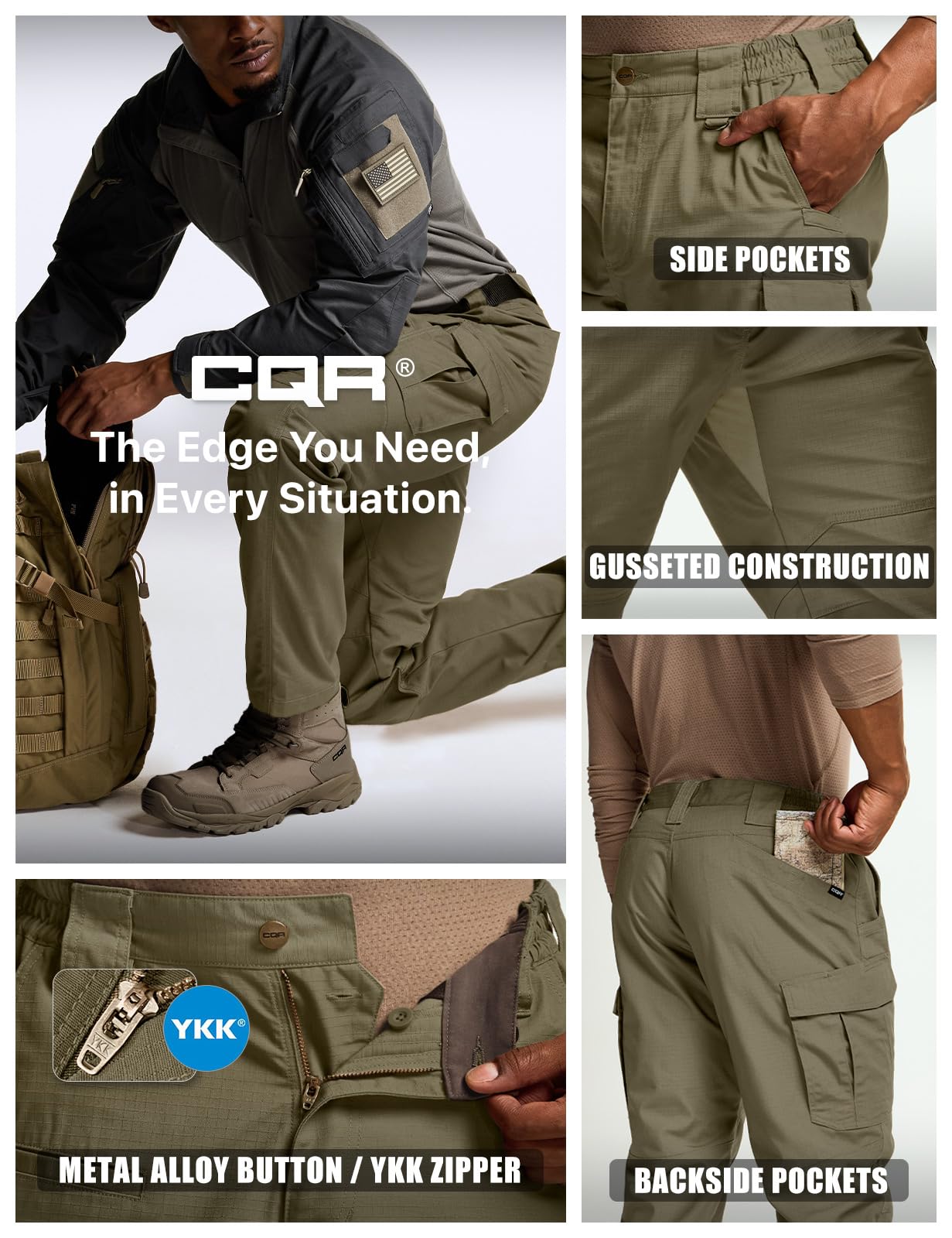 CQR Men's Tactical Pants, Water Resistant Ripstop Cargo Pants, Lightweight EDC Work Hiking Pants, Outdoor Apparel, Raider Mag Pocket Soil Green, 42W x 30L