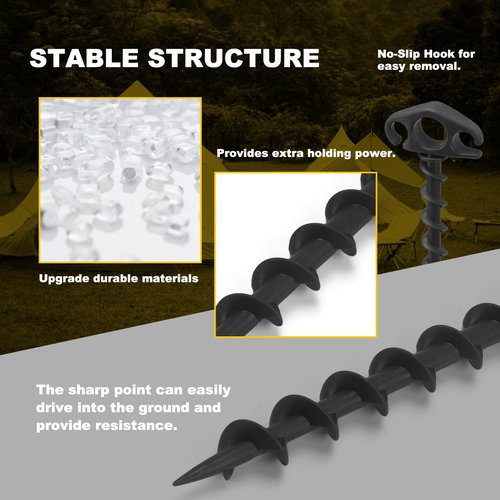 COBARYEN Tent Stakes Sand Stakes for Beach Tent 6 Pack Spiral Anchor Stakes 9.4 Inch Heavy Duty Screw Canopy Stakes for Camping, Hiking and More (6, Black)
