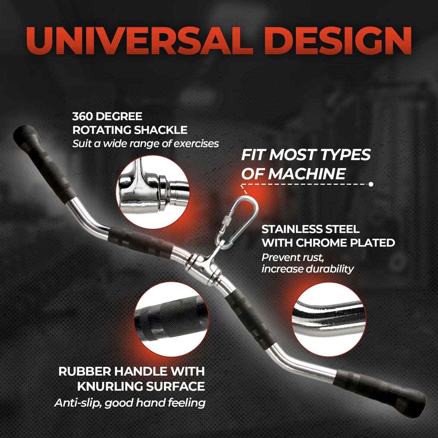 Yes4All Curl LAT Pull Down Bar 30" - Wide Grip with Rubber Handles, Press Down Bar Cable Attachment, Tricep Press Down Attachment for Row Machine & Cable Machine
