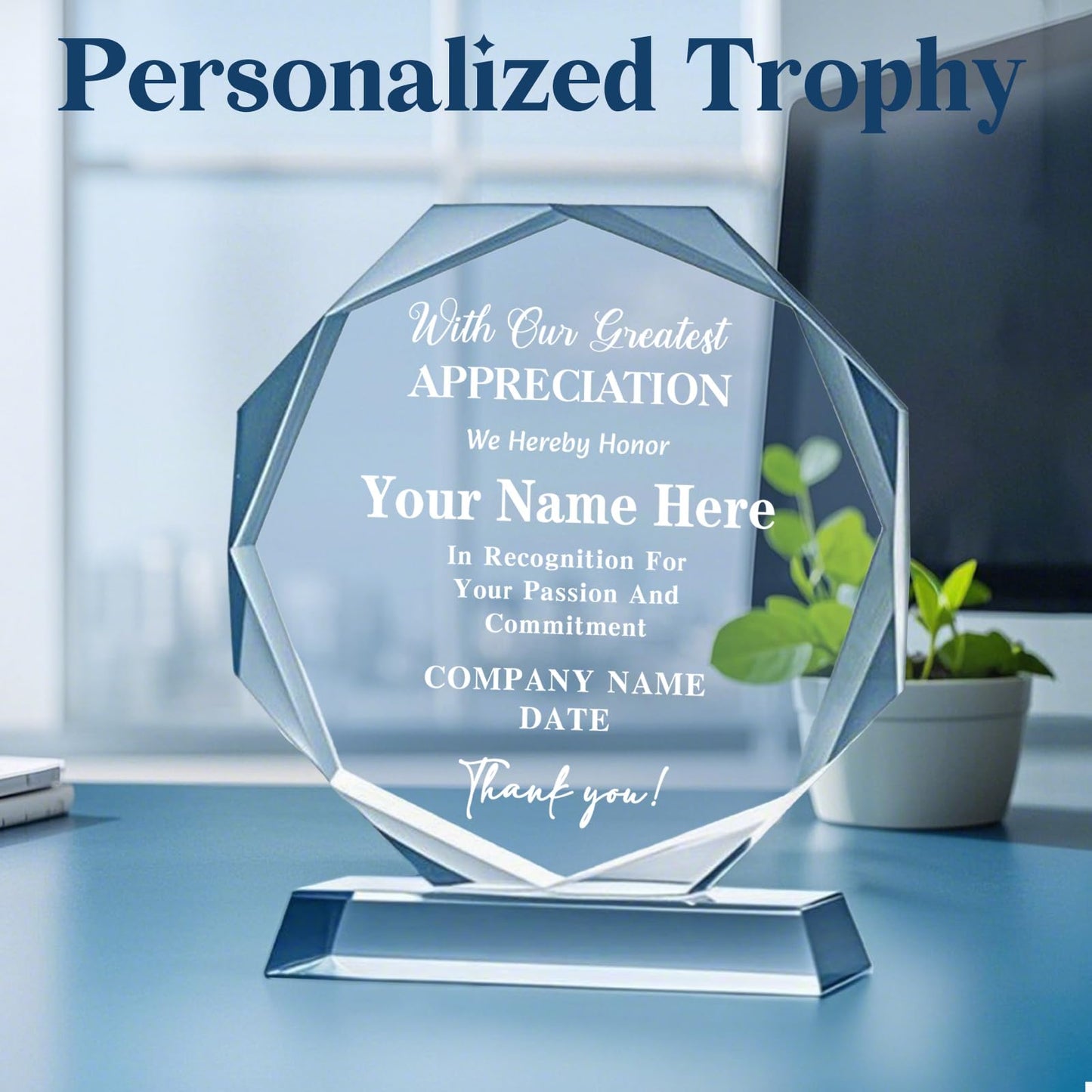 Personalized Trophy Award - Plaques Personalized Engraved - Custom Crystal Awards and Trophies for Employee Recognition, Event, Sport, Competition - Coworker Employee Appreciation Gifts (Thank You)