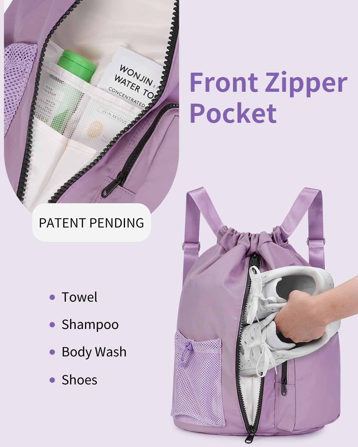 WANDF Drawstring Backpack with Shoe Compartment, Sports Gym Bag