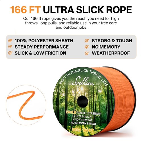 Sodlar Arborist Throw Line Kit - Ultra Slick 166ft Polyester Rope with 9Oz Weight Throw Bag Low High Limb Throwing Adults Forestry Tree Trimming Cutting Gear
