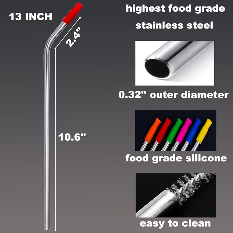 13 Inch Extra Long Reusable Bent Stainless Steel Straws - 6 Pack with 2 Cleaning Brushes & 6 Silicone Tips for Stanley Quencher