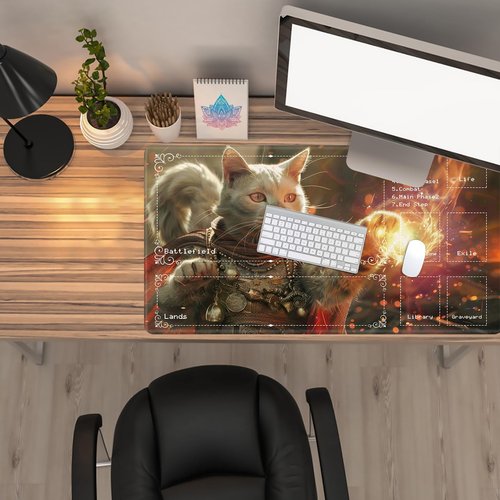 Playmat for MTG with Zones (2 Pack), Card Game Mat Non-Slip Rubber Base and Stitched, 24 x 14 inch TCG Play Mat for MTG and Other Card Games, Magic Cat