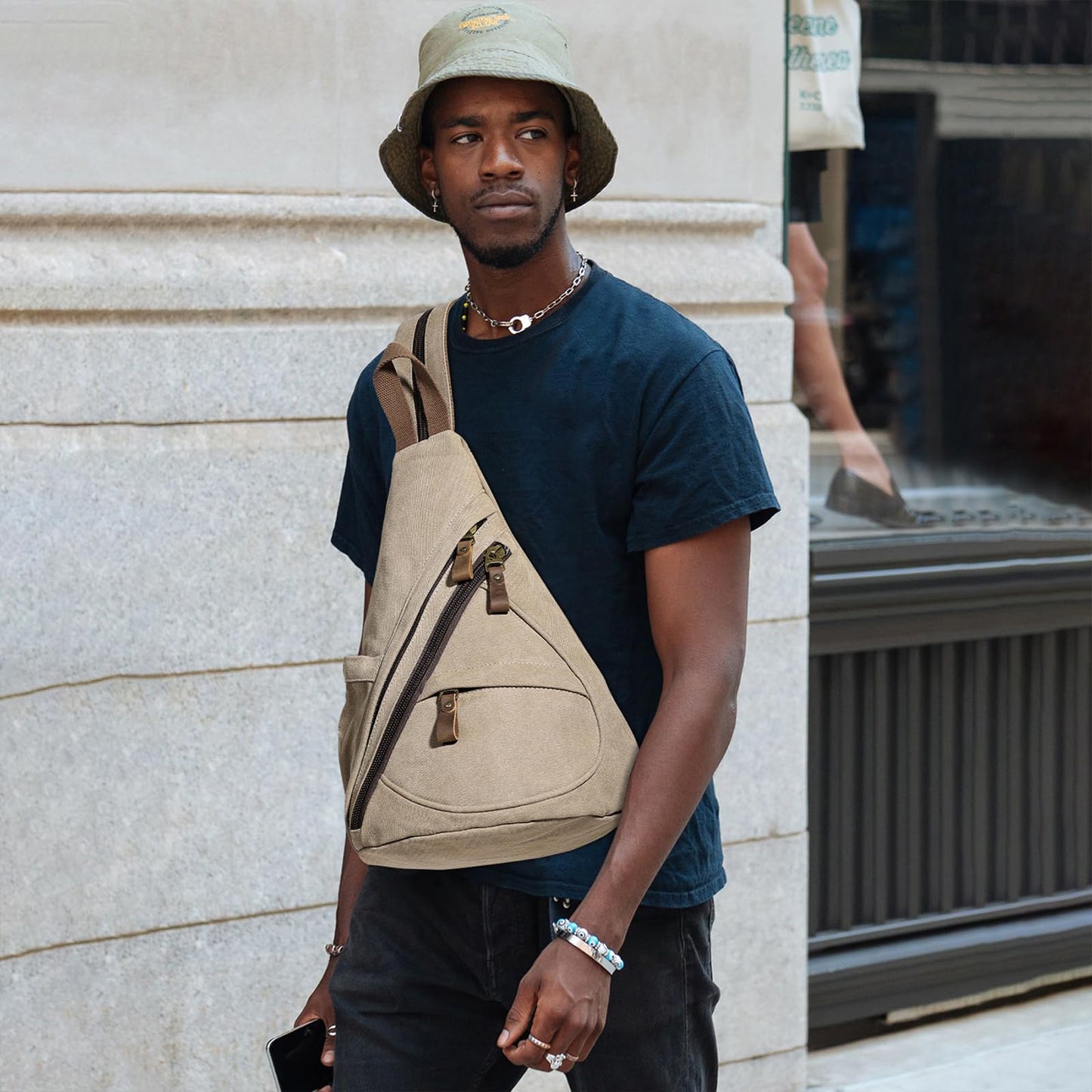 KL928 Canvas Sling Bag - Small Crossbody Backpack Shoulder Casual Daypack Rucksack for Men Women(Large Version,Khaki)