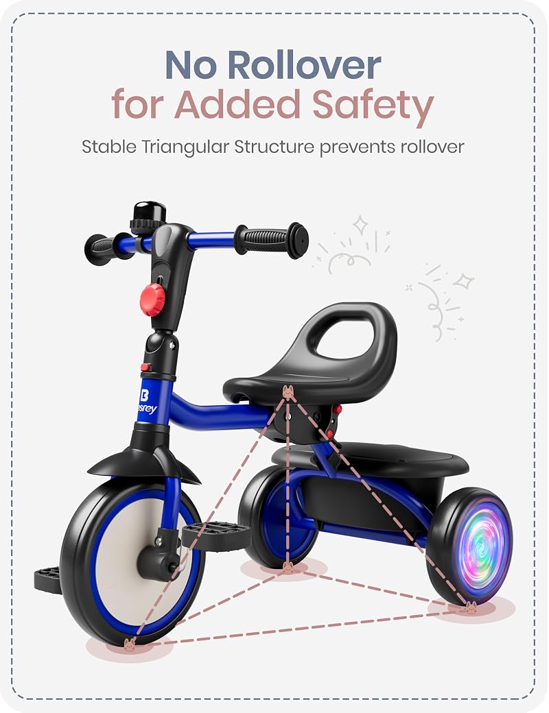 Besrey Blue Flash Wheel Tricycle for Toddlers 18 Months to 5 Years - 2-in-1 Foldable Kids Bike with Bell