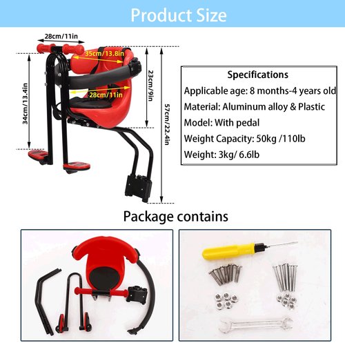 grofyllaa Kids Bike Seat, Baby Bicycle Seat Bearing 50kg Front Mounted Child Bike Seat with Handrail and Seatbelts for Children Aged 8 Months to 4 Years, Adjustable Kids Seat for Adult Bike, Red