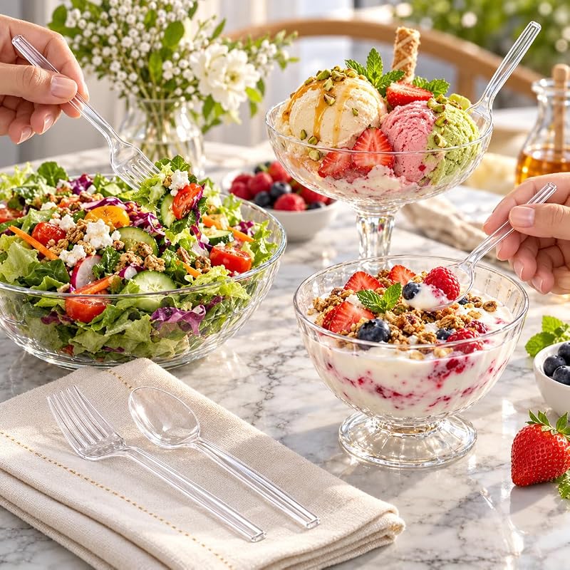 400pcs Clear Plastic Forks & Spoons - Heavy Duty Disposable Utensils, Crystal Clear 7" Forks & 6.5" Spoons, Includes 200 each (Variation of THIS listing: 400pcs Clear Plastic Forks and Spoons)