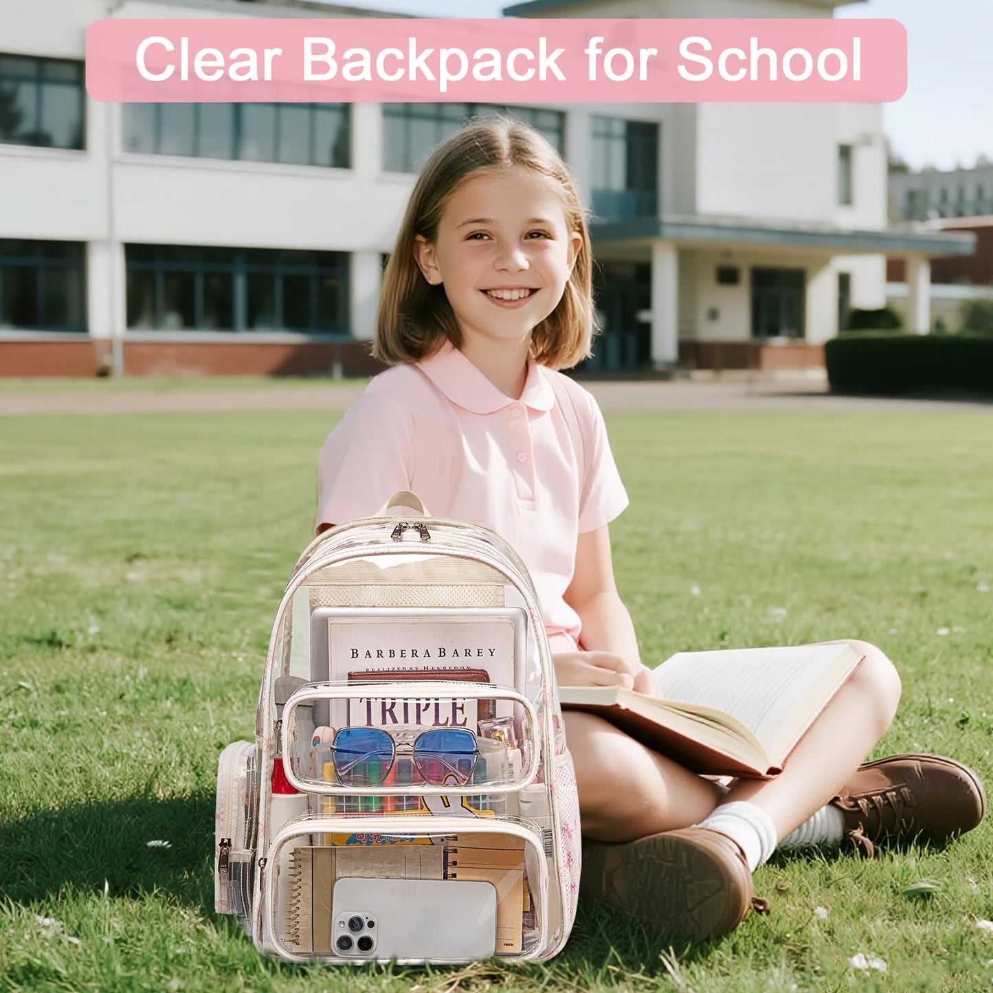 BTOOP Clear Backpack Heavy Duty Transparent Backpack 17" See Through Bookbag for College Work Festival Security with Padded Strap Large Capacity