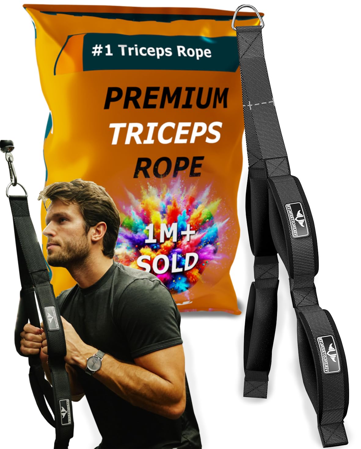 VIKINGSTRENGTH Patented Tricep Rope Cable Attachment - Enhanced Length for Maximum Muscle Engagement - Comfortable Anti-Slip Grip - Versatile for All Cable Machines + V-Strength Workout App